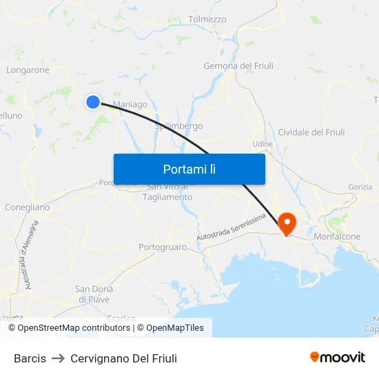 Barcis to Cervignano Del Friuli map