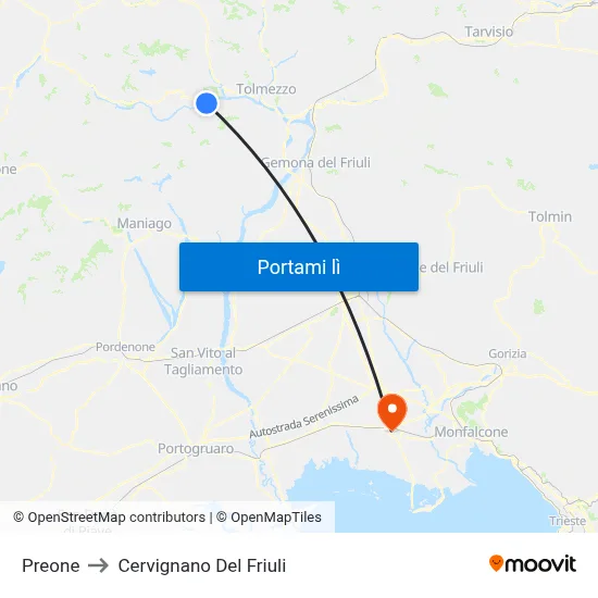 Preone to Cervignano Del Friuli map