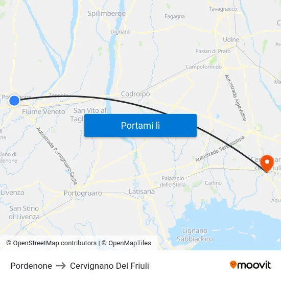 Pordenone to Cervignano Del Friuli map