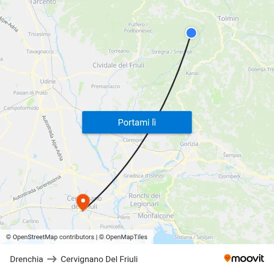 Drenchia to Cervignano Del Friuli map