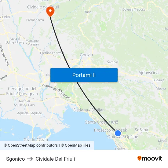 Sgonico to Cividale Del Friuli map