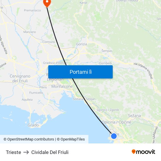 Trieste to Cividale Del Friuli map