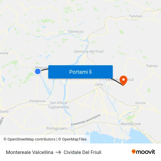 Montereale Valcellina to Cividale Del Friuli map
