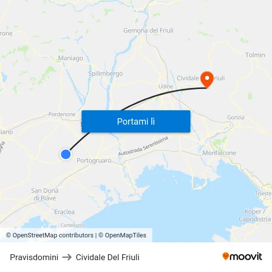 Pravisdomini to Cividale Del Friuli map