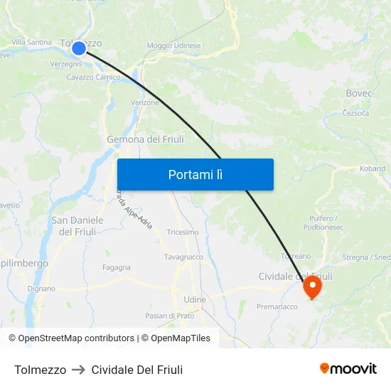 Tolmezzo to Cividale Del Friuli map