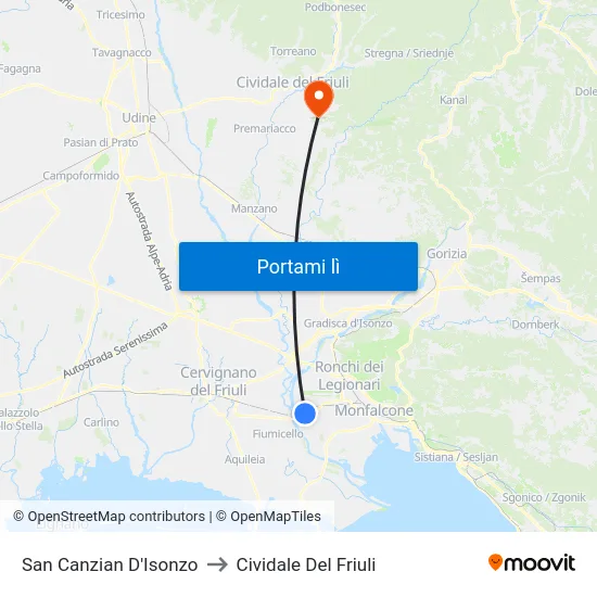 San Canzian D'Isonzo to Cividale Del Friuli map