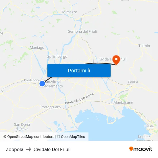 Zoppola to Cividale Del Friuli map