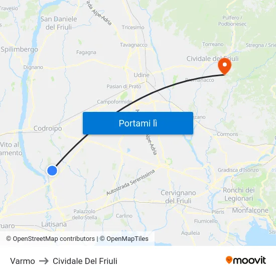Varmo to Cividale Del Friuli map
