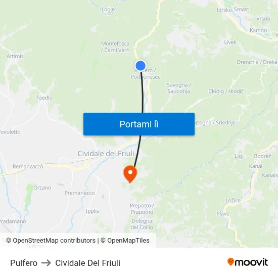 Pulfero to Cividale Del Friuli map
