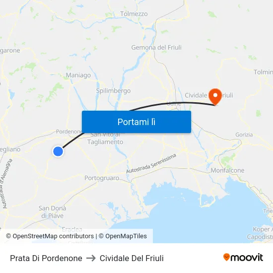 Prata Di Pordenone to Cividale Del Friuli map