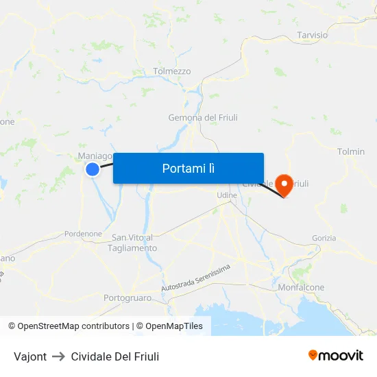Vajont to Cividale Del Friuli map