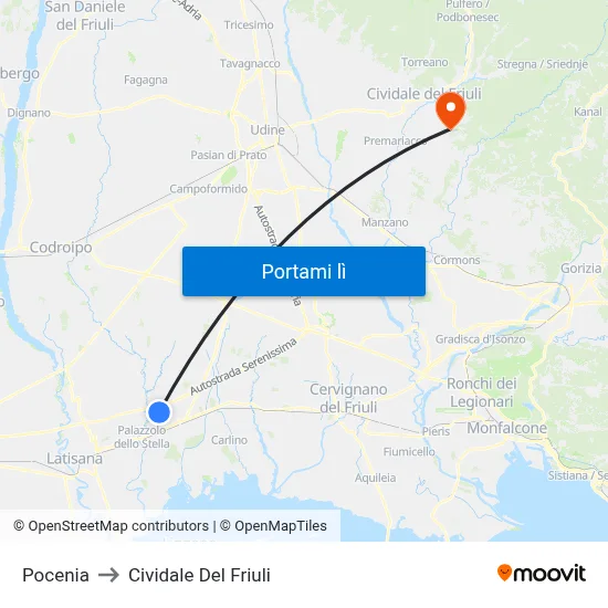 Pocenia to Cividale Del Friuli map