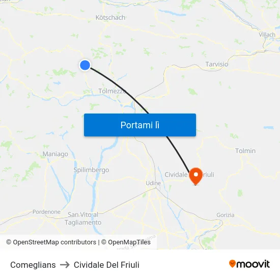 Comeglians to Cividale Del Friuli map