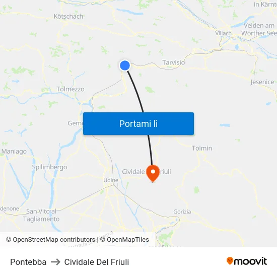 Pontebba to Cividale Del Friuli map