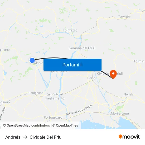 Andreis to Cividale Del Friuli map