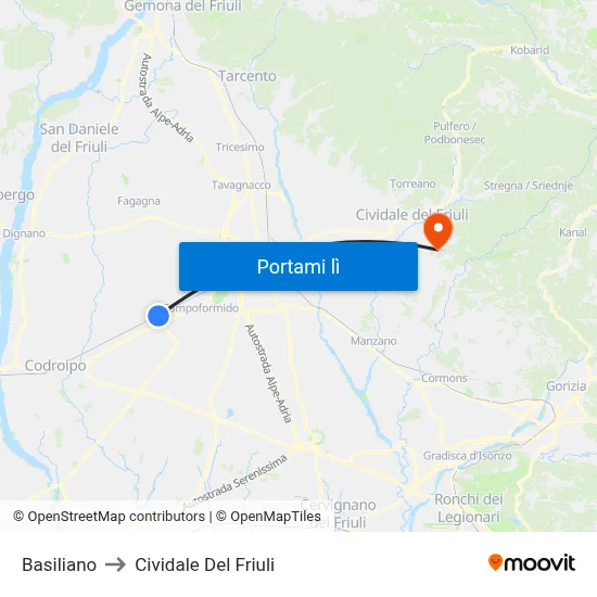 Basiliano to Cividale Del Friuli map