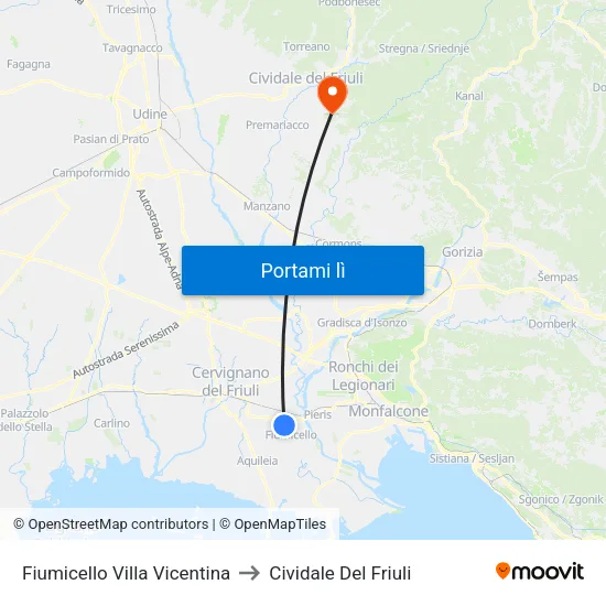 Fiumicello Villa Vicentina to Cividale Del Friuli map
