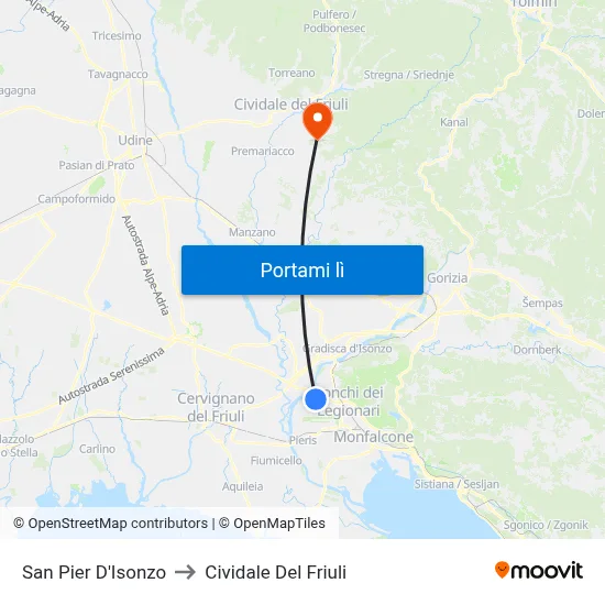 San Pier D'Isonzo to Cividale Del Friuli map