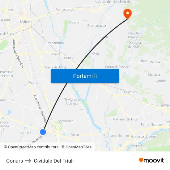Gonars to Cividale Del Friuli map