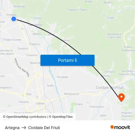 Artegna to Cividale Del Friuli map