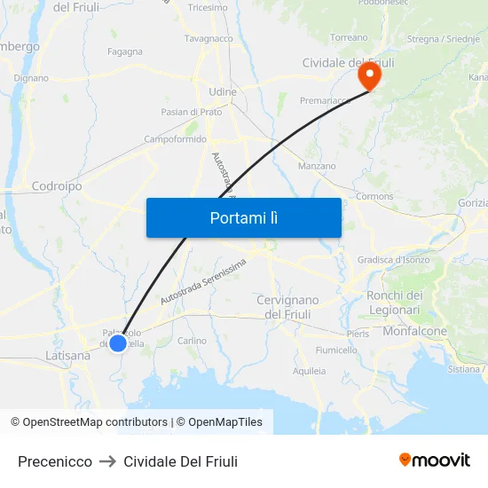 Precenicco to Cividale Del Friuli map