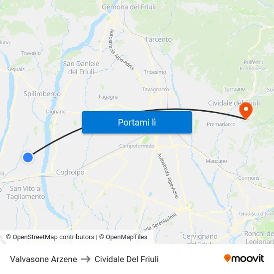 Valvasone Arzene to Cividale Del Friuli map