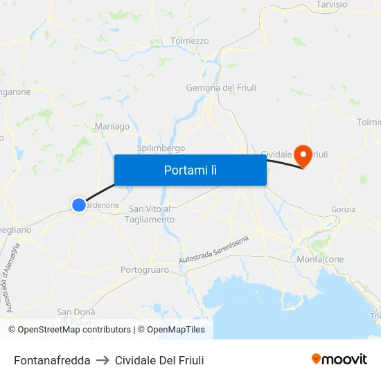 Fontanafredda to Cividale Del Friuli map