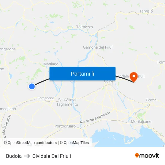 Budoia to Cividale Del Friuli map