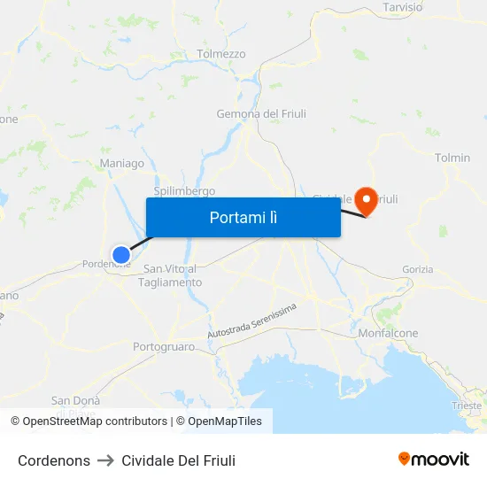 Cordenons to Cividale Del Friuli map