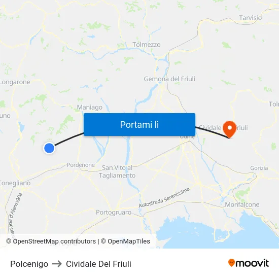 Polcenigo to Cividale Del Friuli map
