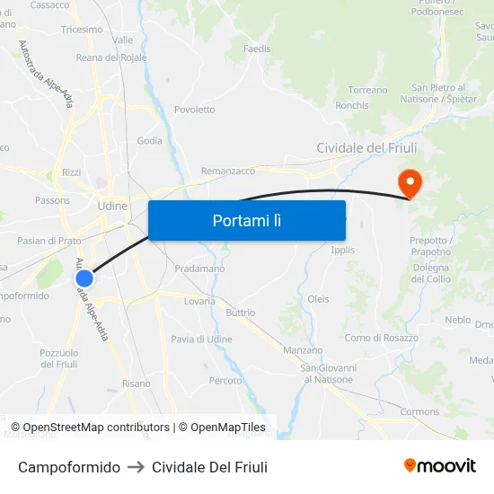 Campoformido to Cividale Del Friuli map