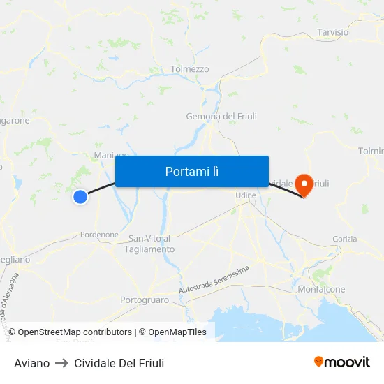 Aviano to Cividale Del Friuli map