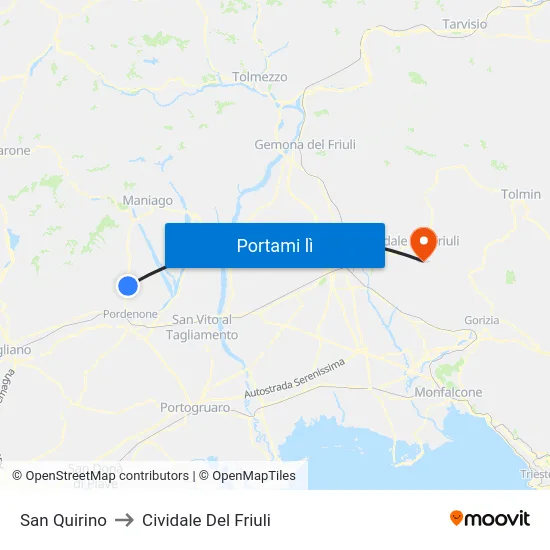 San Quirino to Cividale Del Friuli map