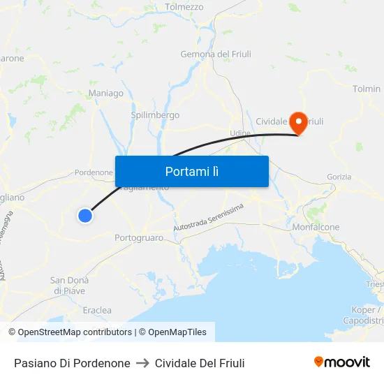Pasiano Di Pordenone to Cividale Del Friuli map