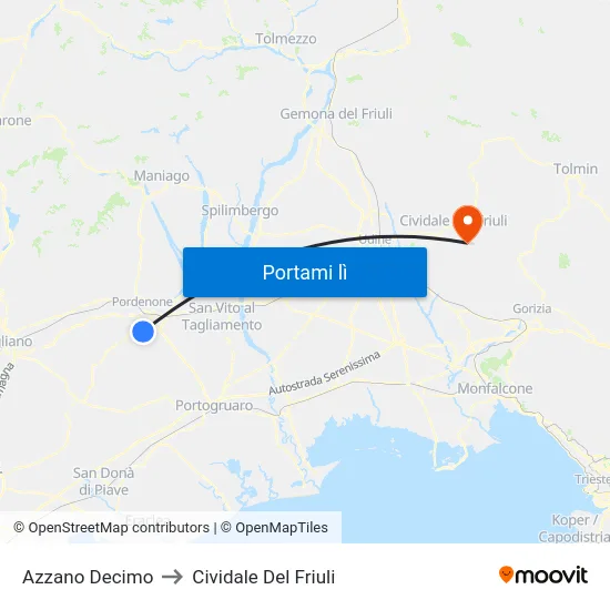 Azzano Decimo to Cividale Del Friuli map