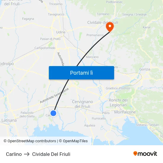 Carlino to Cividale Del Friuli map