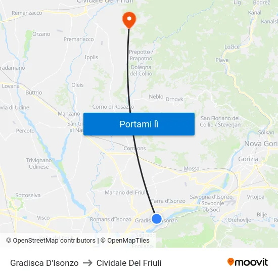 Gradisca D'Isonzo to Cividale Del Friuli map