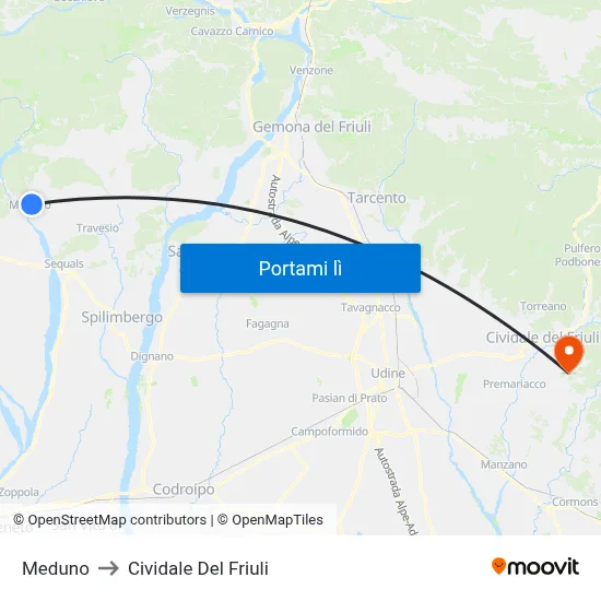 Meduno to Cividale Del Friuli map