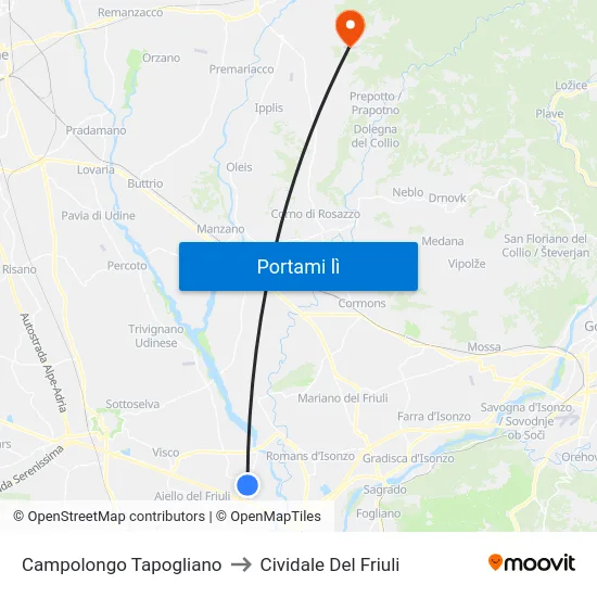 Campolongo Tapogliano to Cividale Del Friuli map