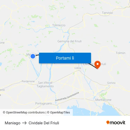 Maniago to Cividale Del Friuli map