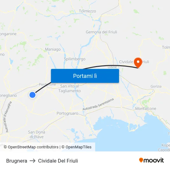 Brugnera to Cividale Del Friuli map