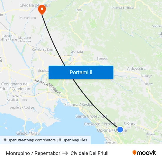 Monrupino / Repentabor to Cividale Del Friuli map