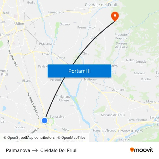 Palmanova to Cividale Del Friuli map