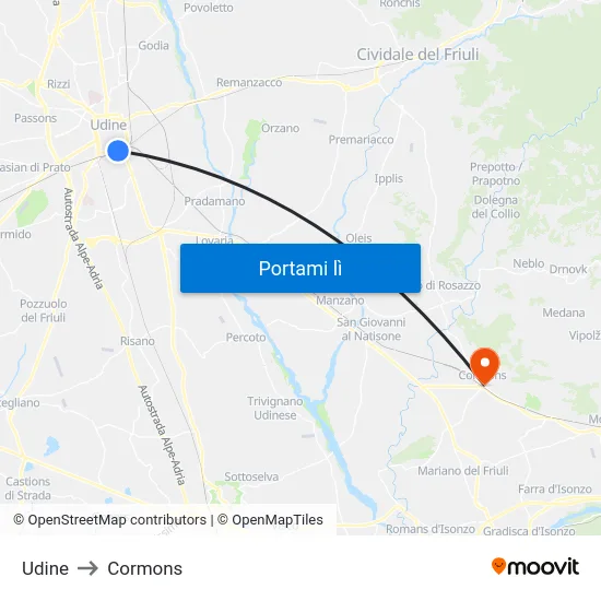 Udine to Cormons map
