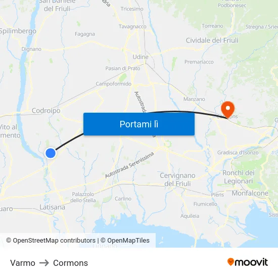 Varmo to Cormons map