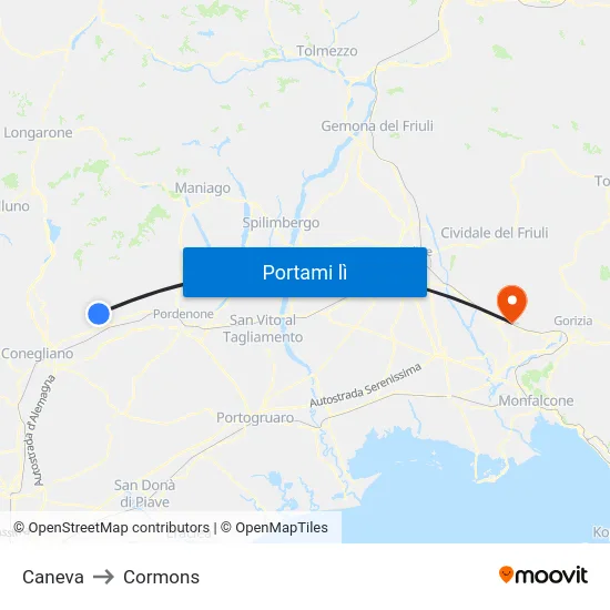 Caneva to Cormons map
