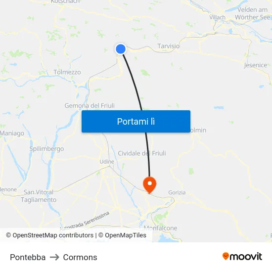 Pontebba to Cormons map