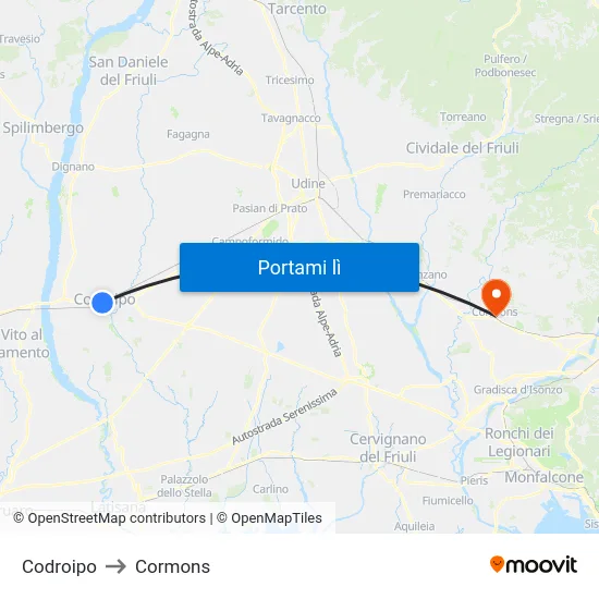 Codroipo to Cormons map