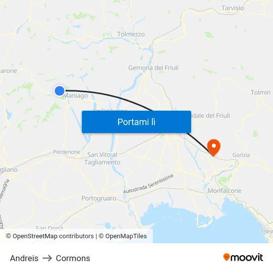 Andreis to Cormons map
