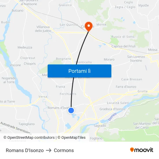 Romans D'Isonzo to Cormons map